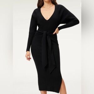 Good American Black Knot Ribbed Bodycon Tie Long Sleeve Dress